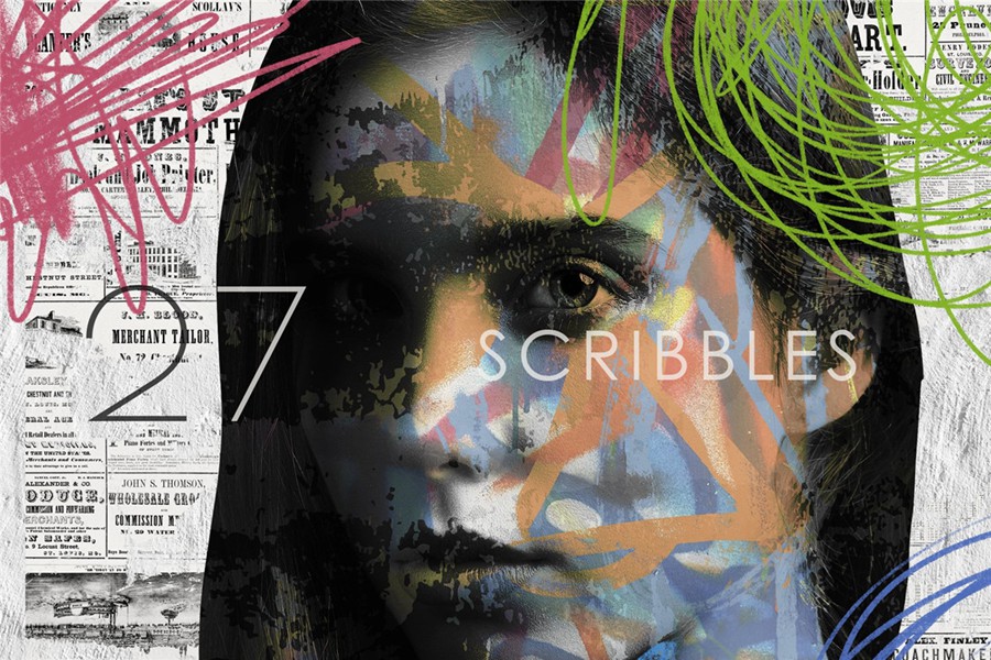 209款做旧粗糙涂鸦艺术单色女性动物纸片线条丙烯酸笔触纹理拼贴画PNG免抠图设计素材 Monochrome Collage Pack 图片素材 sucaiwan.com