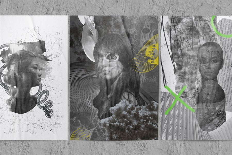 209款做旧粗糙涂鸦艺术单色女性动物纸片线条丙烯酸笔触纹理拼贴画PNG免抠图设计素材 Monochrome Collage Pack 图片素材 sucaiwan.com