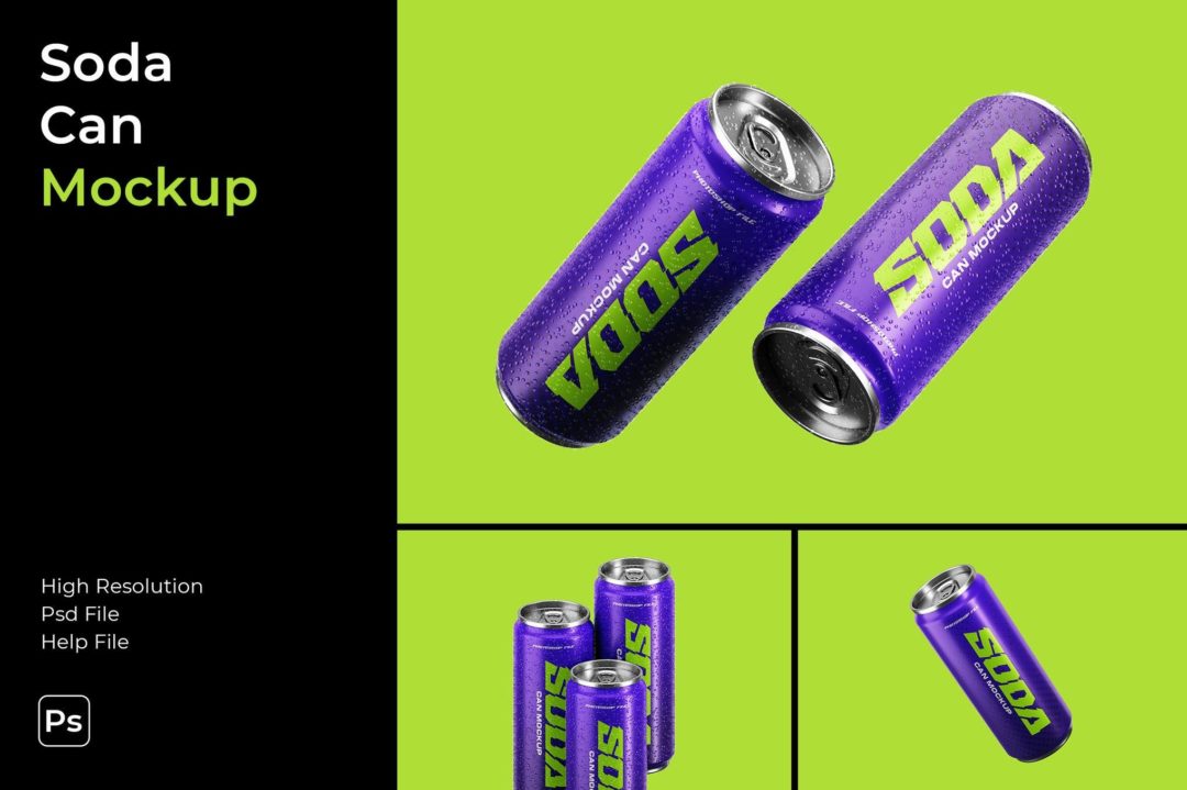 时尚听装饮料啤酒苏打水易拉罐设计展示效果图Ps贴图样机模板 Soda Can Mockup 样机素材 第1张-素材湾丨精选海外优质设计素材资源 时尚听装饮料啤酒苏打水易拉罐设计展示效果图Ps贴图样机模板 Soda Can Mockup 样机素材 sucaiwan.com