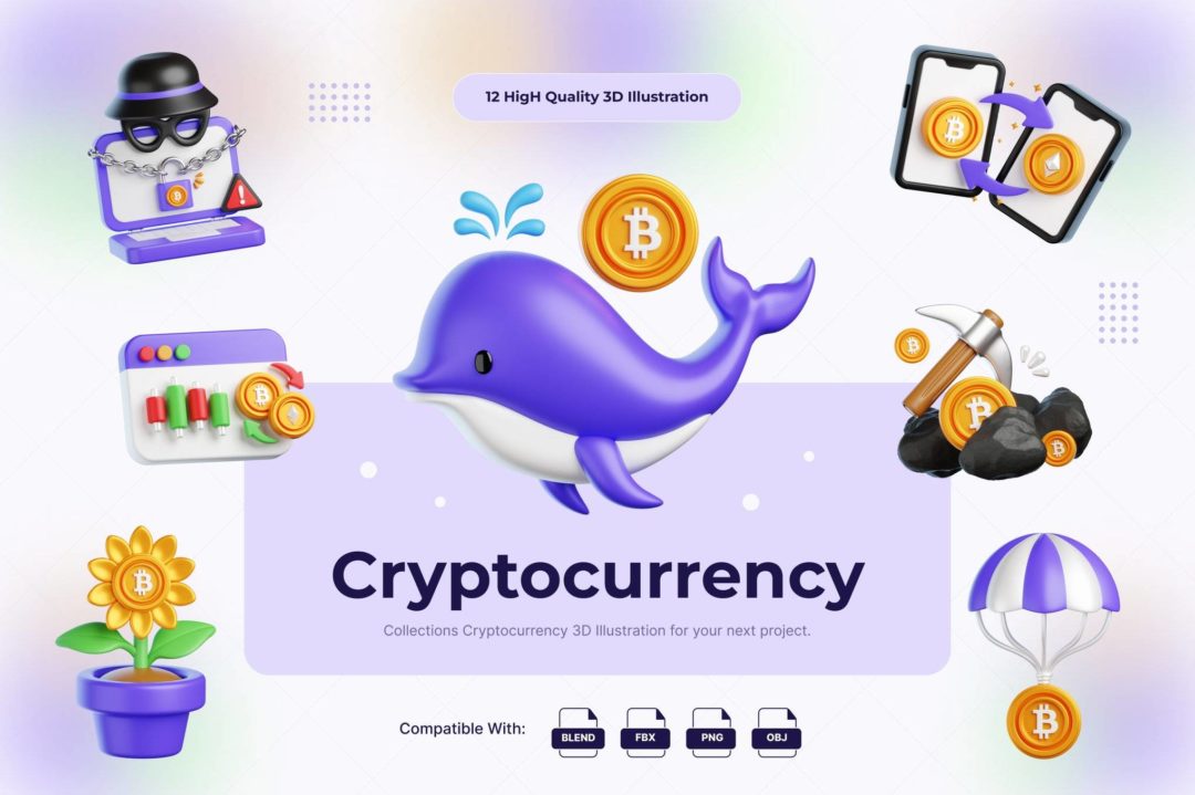 12款卡通趣味加密货币数字金融3D插图图标Icons设计素材 Cryptocurrency 3D Illustration 图标素材 sucaiwan.com