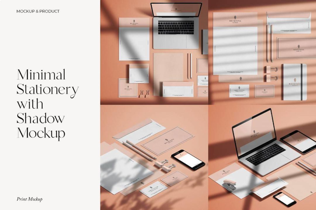时尚阴影品牌VI设计办公用品名片信封信纸笔记本展示贴图PSD样机模板素材 Minimal Stationery with Shadow Mockup 样机素材 sucaiwan.com