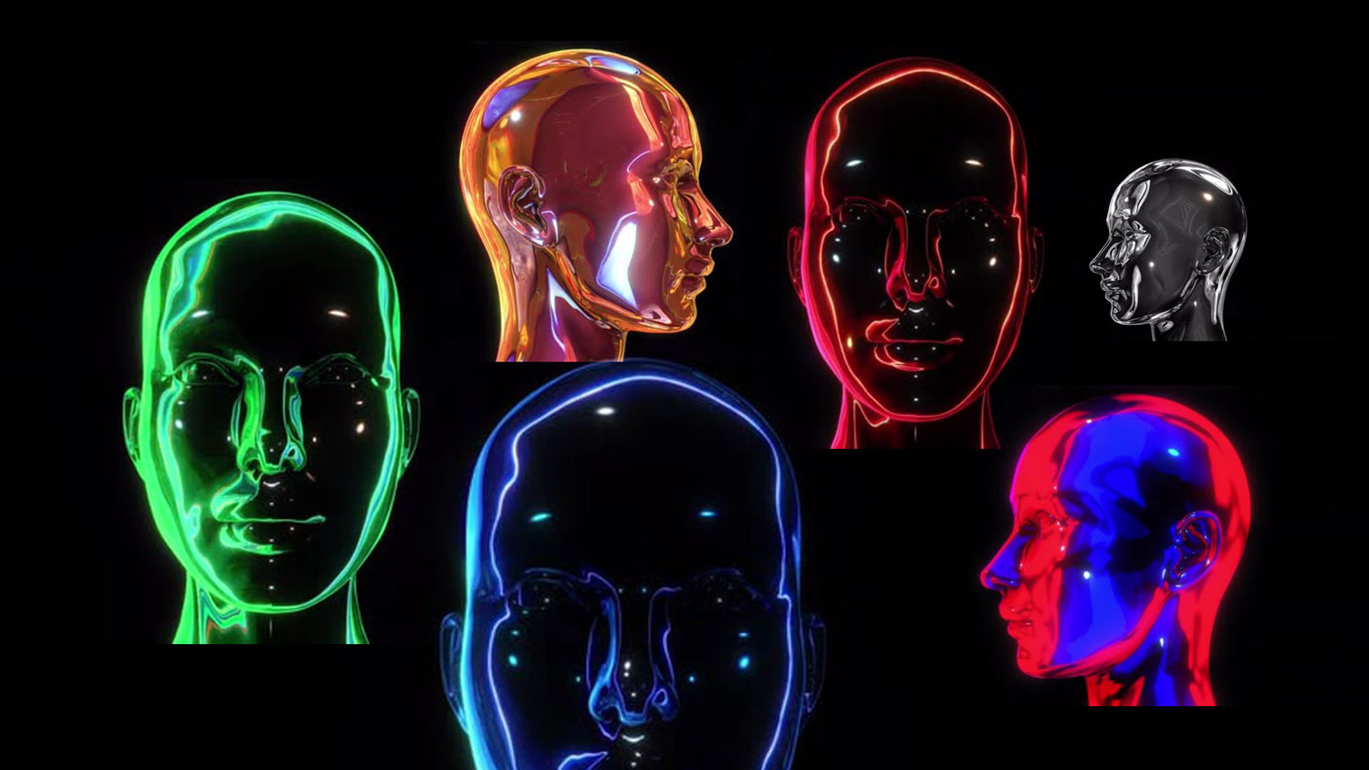 VJ素材：6个抽象酸性镀铬反光人像/人头VJ循环演唱会大屏视频素材 , sucaiwan.com