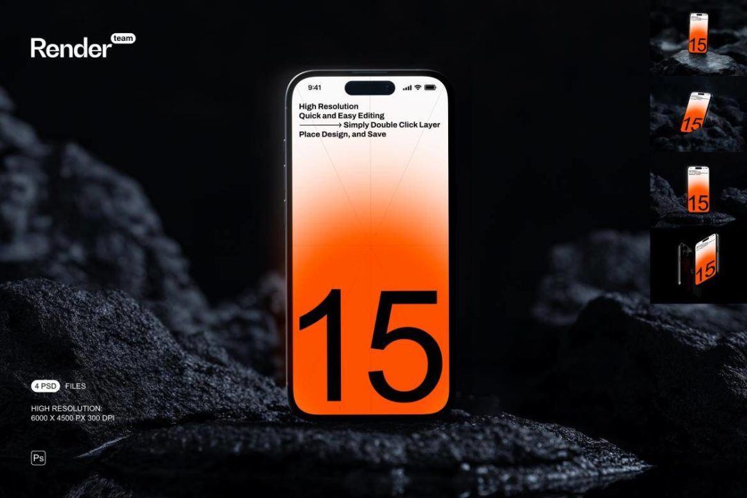 4款黑化风岩石背景苹果iPhone 15 Pro手机演示效果图Ps贴图样机模板素材 iPhone 15 Pro Mockup 样机素材 sucaiwan.com