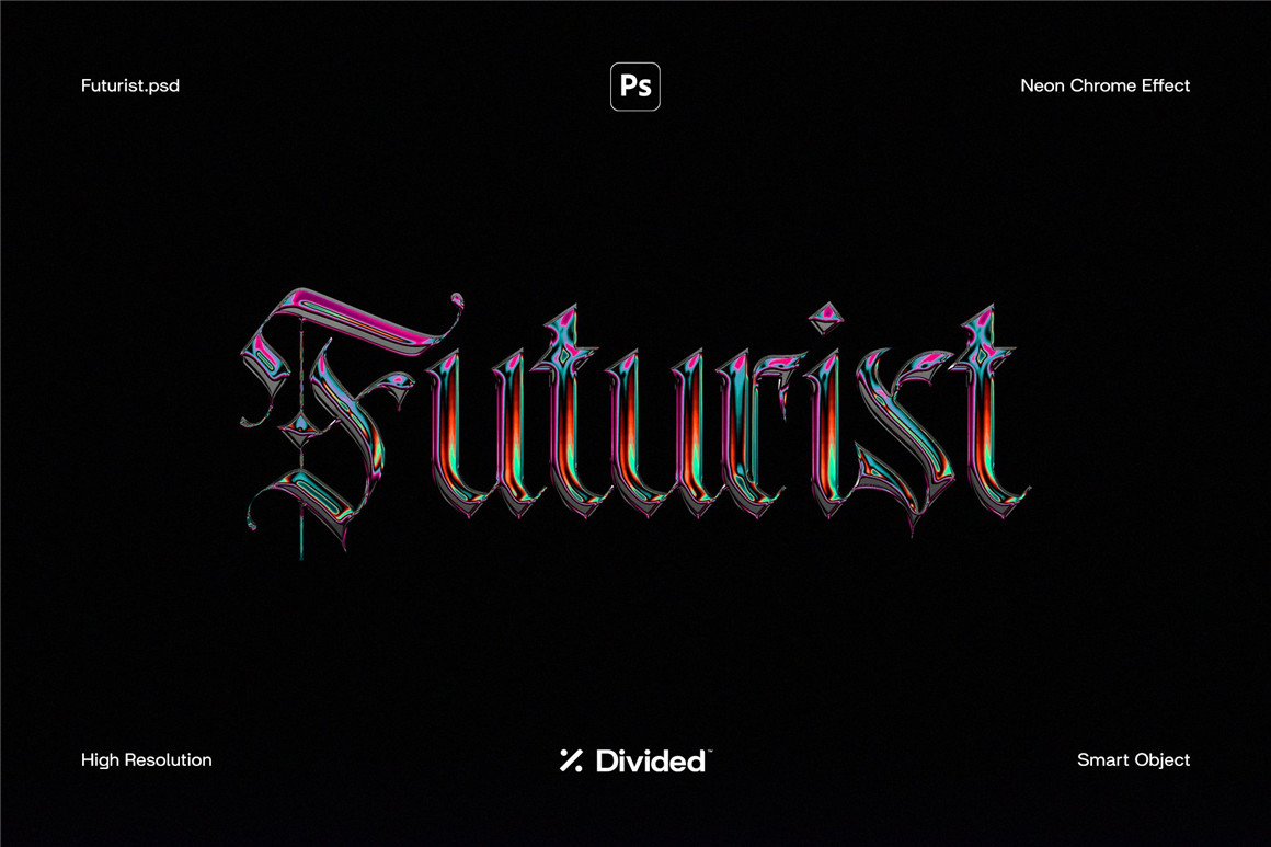 未来科技金属镀铬3D立体文本标题logo特效PSD样机Futurist Neon Chrome Effect 插件预设 sucaiwan.com