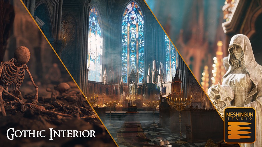 哥特式大教堂室内内部场景3D模型UE格式设计素材 Gothic Interior Megapack 样机素材 sucaiwan.com