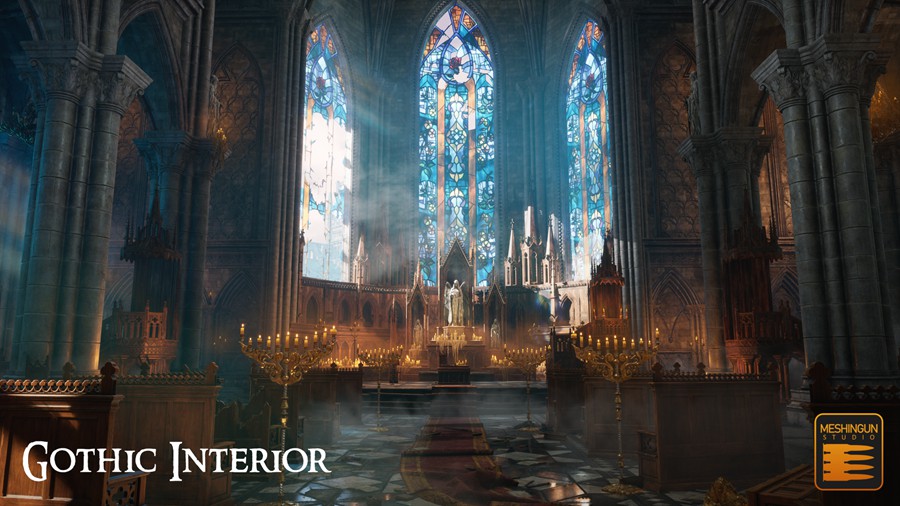 哥特式大教堂室内内部场景3D模型UE格式设计素材 Gothic Interior Megapack 样机素材 sucaiwan.com