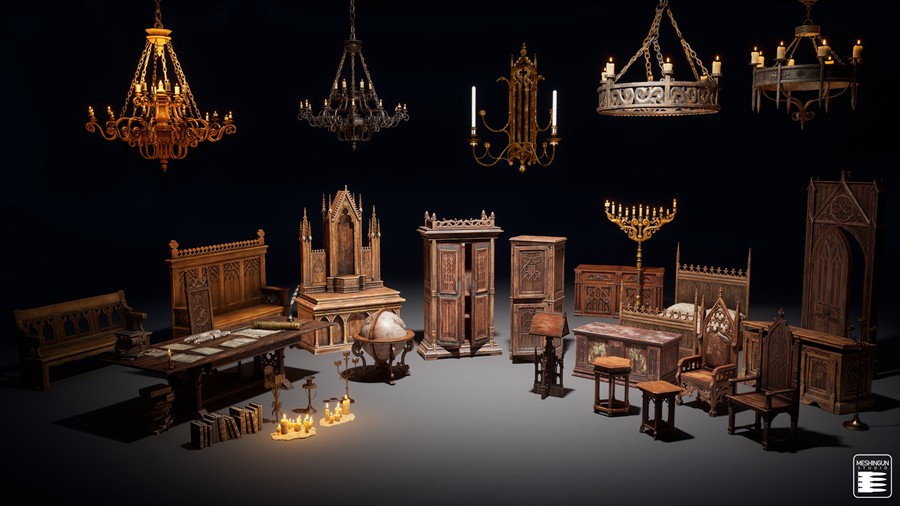 哥特式大教堂室内内部场景3D模型UE格式设计素材 Gothic Interior Megapack 样机素材 sucaiwan.com