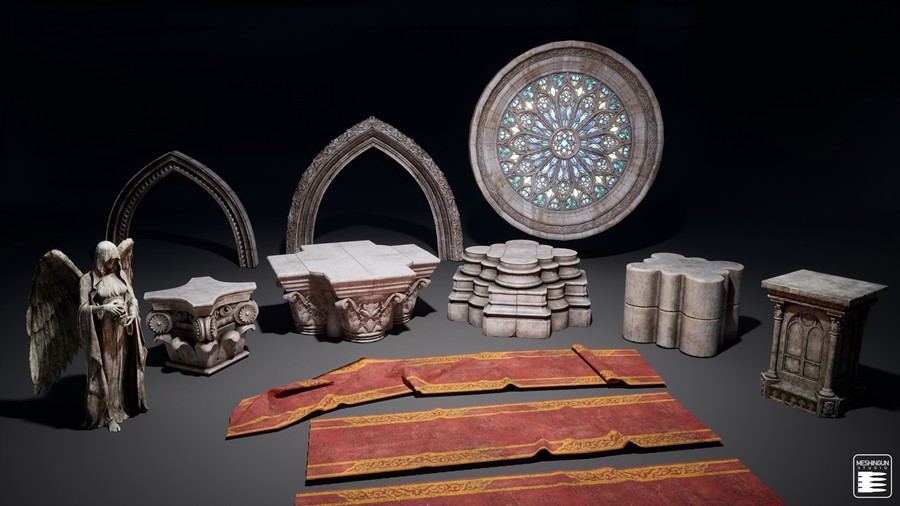 哥特式大教堂室内内部场景3D模型UE格式设计素材 Gothic Interior Megapack 样机素材 sucaiwan.com