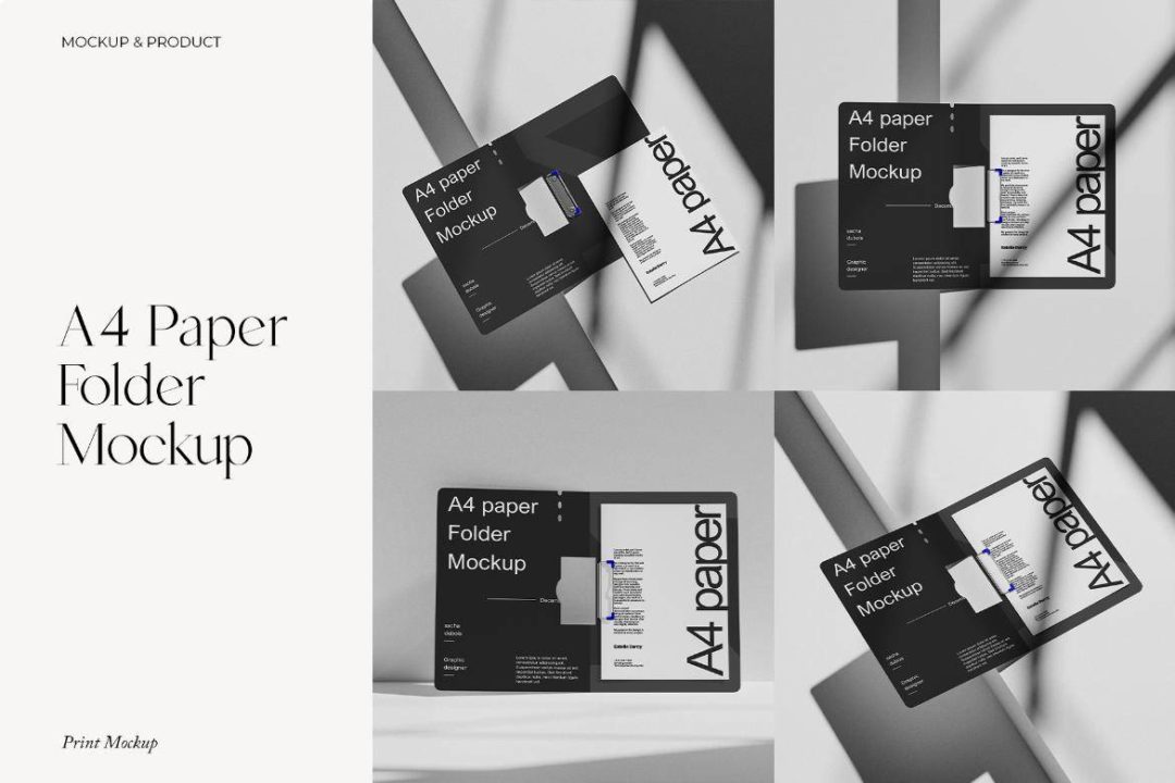 4款时尚办公文件夹A4海报信纸VI展示效果图PS贴图样机模板素材 A4 Paper Folder Mockup 样机素材 sucaiwan.com