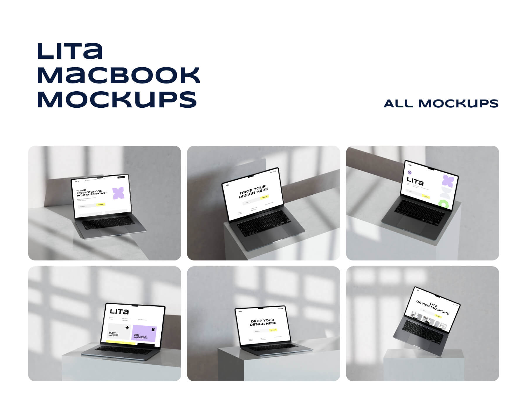 6款时尚光影苹果MacBook笔记本电脑演示效果图PS贴图样机模板设计素材 Lita Macbook Mockups 样机素材 sucaiwan.com