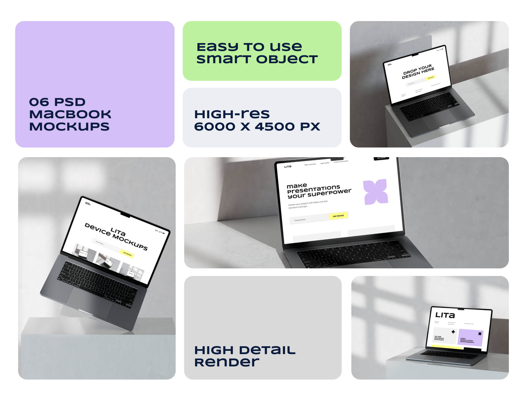 6款时尚光影苹果MacBook笔记本电脑演示效果图PS贴图样机模板设计素材 Lita Macbook Mockups 样机素材 sucaiwan.com