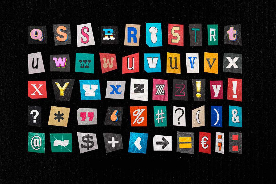 100款复古剪贴拼贴艺术英文字母符号背景图片设计PNG/PSD格式素材 Ransom Letters Collection 图片素材 sucaiwan.com