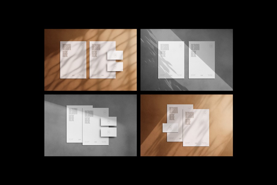 时尚逼真光影叠加办公用品信纸名片海报设计VI贴图效果图PS样机模板 Shadow Overlay Stationery Mockups 样机素材 sucaiwan.com