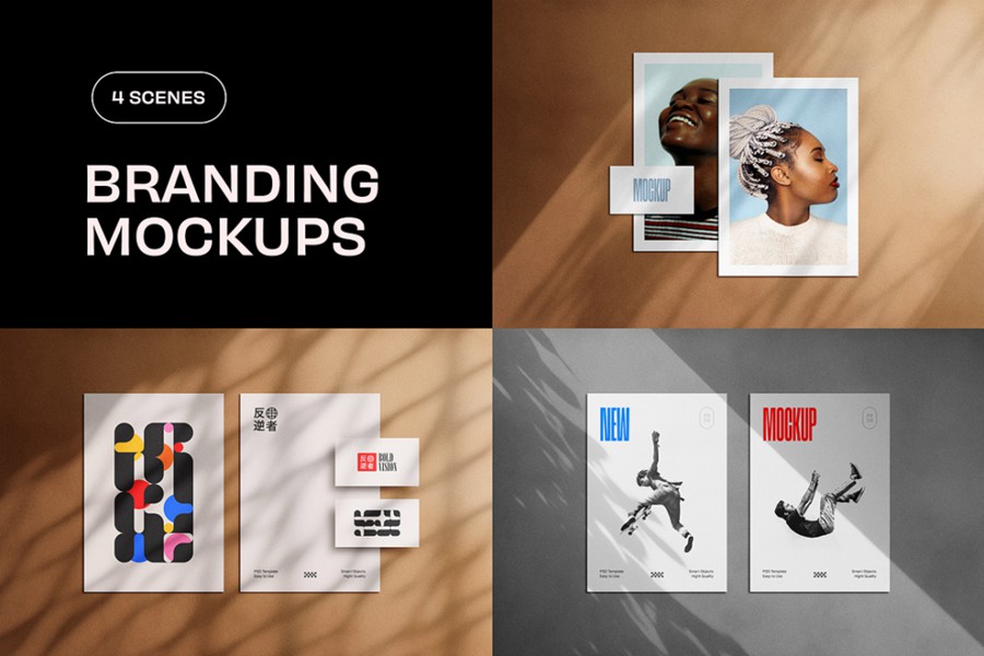 时尚逼真光影叠加办公用品信纸名片海报设计VI贴图效果图PS样机模板 Shadow Overlay Stationery Mockups 样机素材 sucaiwan.com