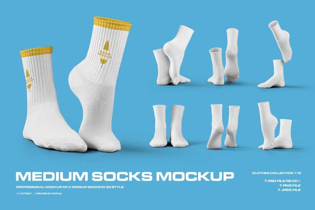 7款时尚中筒袜子印花图案设计展示效果图PSD样机模板素材 7 Mockups Medium Socks in the 3D Style 样机素材 第1张-素材湾丨精选海外优质设计素材资源 7款时尚中筒袜子印花图案设计展示效果图PSD样机模板素材 7 Mockups Medium Socks in the 3D Style 样机素材 sucaiwan.com