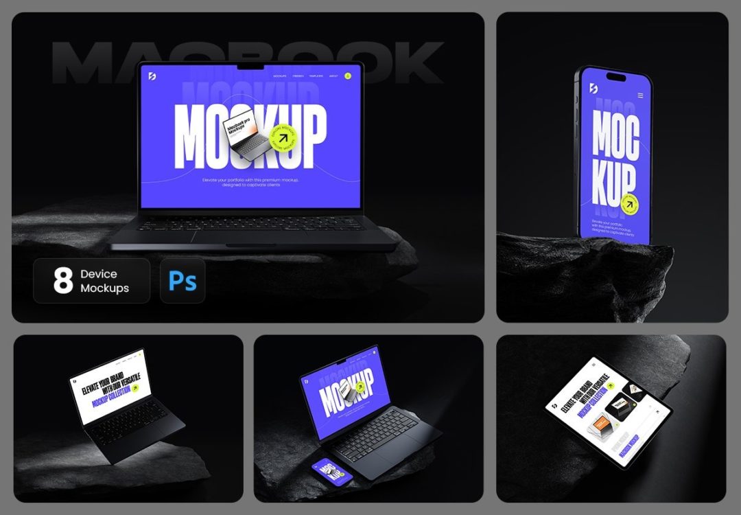 8款黑化风苹果iPhone手机MacBook电脑iPad平板屏幕演示效果图PS贴图样机模板 Sleek Apple Device Mockup Bundle 样机素材 sucaiwan.com