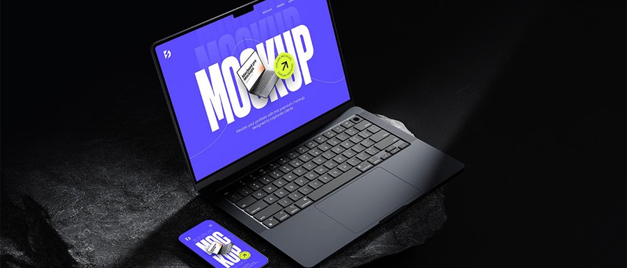 8款黑化风苹果iPhone手机MacBook电脑iPad平板屏幕演示效果图PS贴图样机模板 Sleek Apple Device Mockup Bundle 样机素材 sucaiwan.com