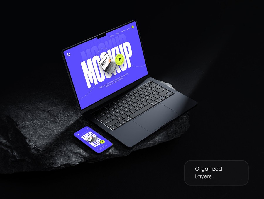 8款黑化风苹果iPhone手机MacBook电脑iPad平板屏幕演示效果图PS贴图样机模板 Sleek Apple Device Mockup Bundle 样机素材 sucaiwan.com