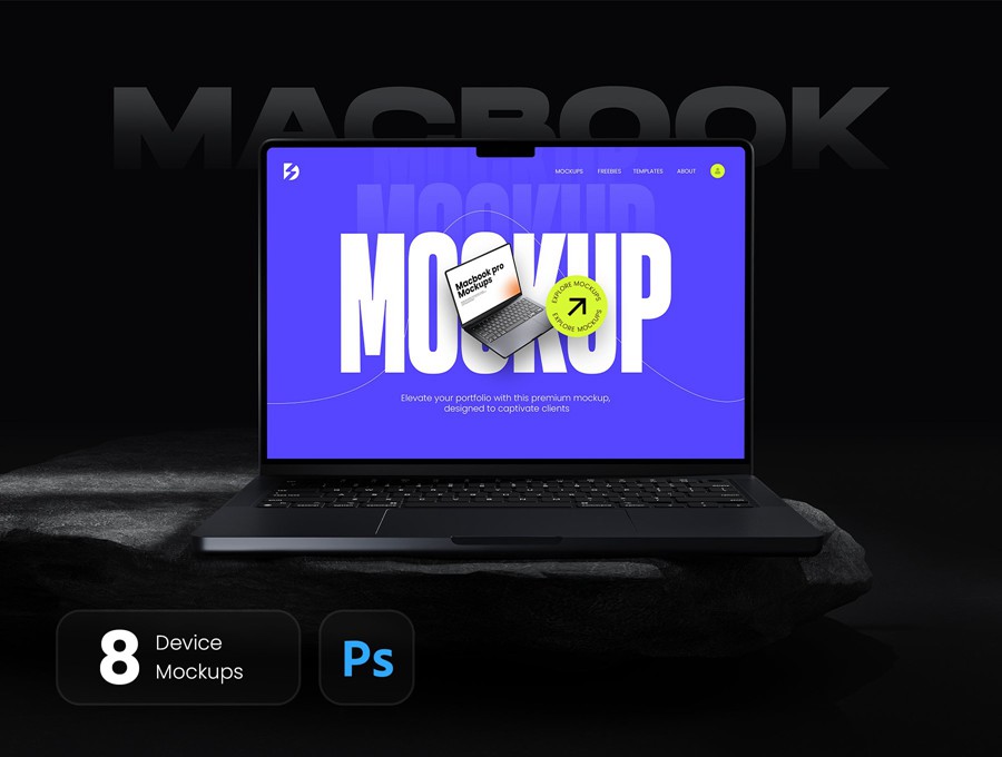 8款黑化风苹果iPhone手机MacBook电脑iPad平板屏幕演示效果图PS贴图样机模板 Sleek Apple Device Mockup Bundle 样机素材 sucaiwan.com