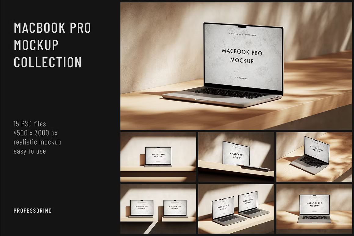 15款逼真光影苹果MacBook Pro网站界面WEB UI设计展示效果图PS贴图样机模板 MacBook Pro Mockup Collection 样机素材 第1张-素材湾丨精选海外优质设计素材资源 15款逼真光影苹果MacBook Pro网站界面WEB UI设计展示效果图PS贴图样机模板 MacBook Pro Mockup Collection 样机素材 sucaiwan.com