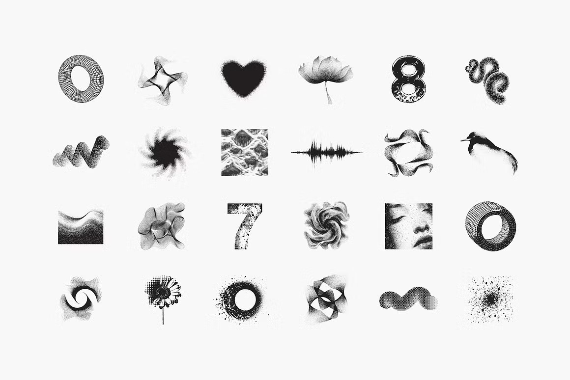 144款新潮复古像素马赛克低保真抽象艺术插画矢量图案AI/PS/PNG格式素材 Dithering Bitmap Vector Shapes Collection 图片素材 sucaiwan.com