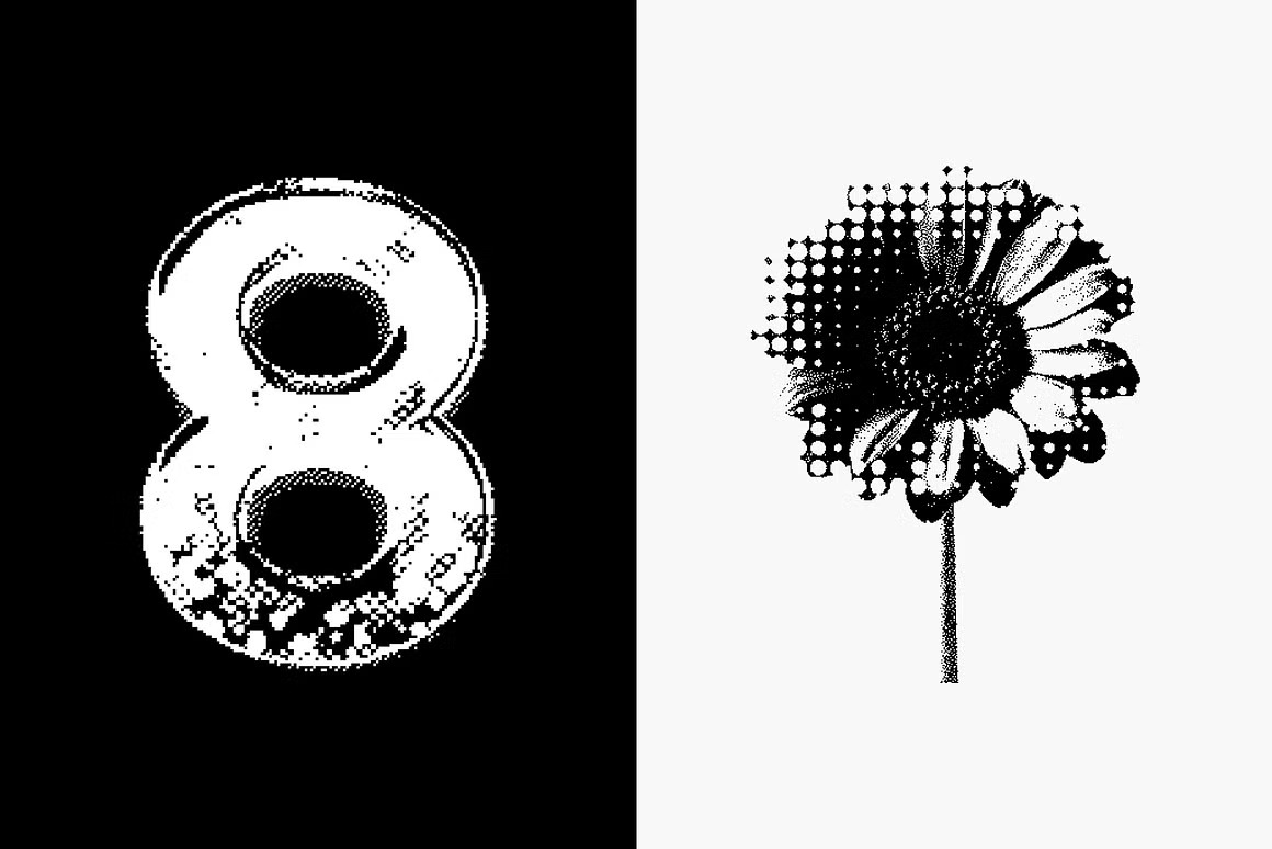 144款新潮复古像素马赛克低保真抽象艺术插画矢量图案AI/PS/PNG格式素材 Dithering Bitmap Vector Shapes Collection 图片素材 sucaiwan.com