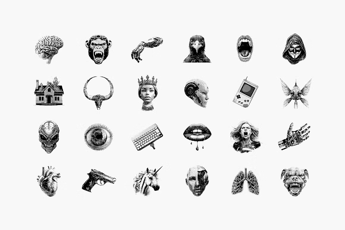 144款新潮复古像素马赛克低保真抽象艺术插画矢量图案AI/PS/PNG格式素材 Dithering Bitmap Vector Shapes Collection 图片素材 sucaiwan.com