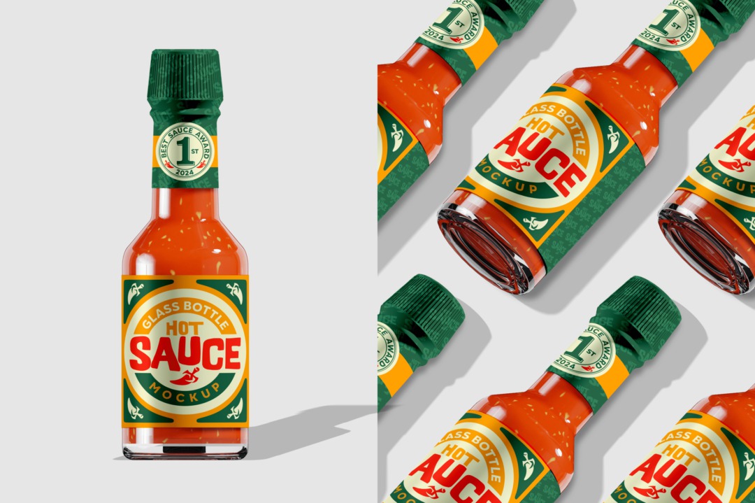 逼真食品调料果酱玻璃瓶包装瓶设计展示效果图PS贴图样机模板 Sauce Bottle Mockup 样机素材 第1张-素材湾丨精选海外优质设计素材资源 逼真食品调料果酱玻璃瓶包装瓶设计展示效果图PS贴图样机模板 Sauce Bottle Mockup 样机素材 sucaiwan.com