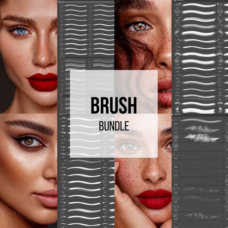 PS笔刷： 250+面部修饰睫毛、眼神光、雀斑、眉毛、眼线、虹膜PS笔刷套装 Tamara Williams Brush Bundle Photoshop 笔刷资源 sucaiwan.com