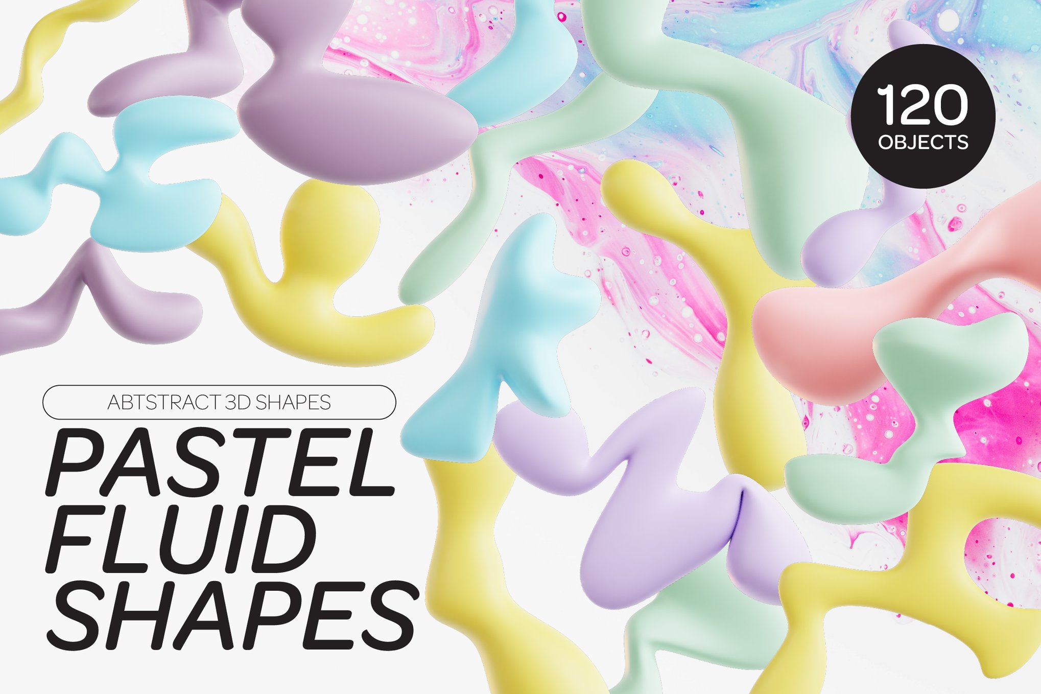 120款创意3D三维多彩流体抽象艺术图形设计素材OBJ/FBX/PNG格式 Pastel Fluid Shapes 3D Icon Set 图片素材 sucaiwan.com
