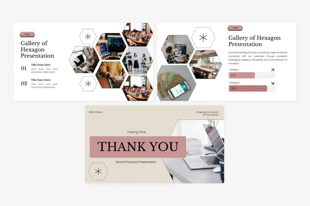 现代简约品牌营销策划提案简报设计ppt模版 Hexagon Brand Proposal Template 幻灯图表 sucaiwan.com