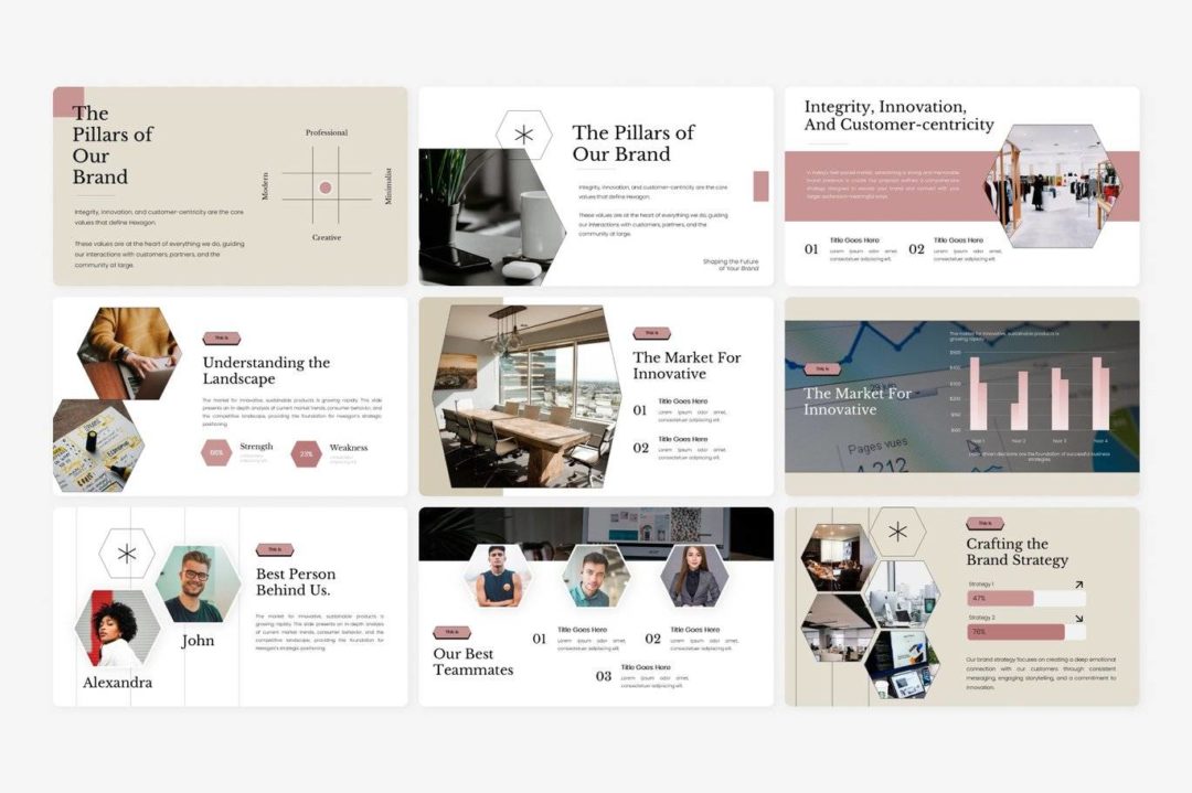 现代简约品牌营销策划提案简报设计ppt模版 Hexagon Brand Proposal Template 幻灯图表 sucaiwan.com