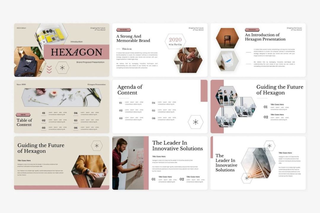 现代简约品牌营销策划提案简报设计ppt模版 Hexagon Brand Proposal Template 幻灯图表 sucaiwan.com