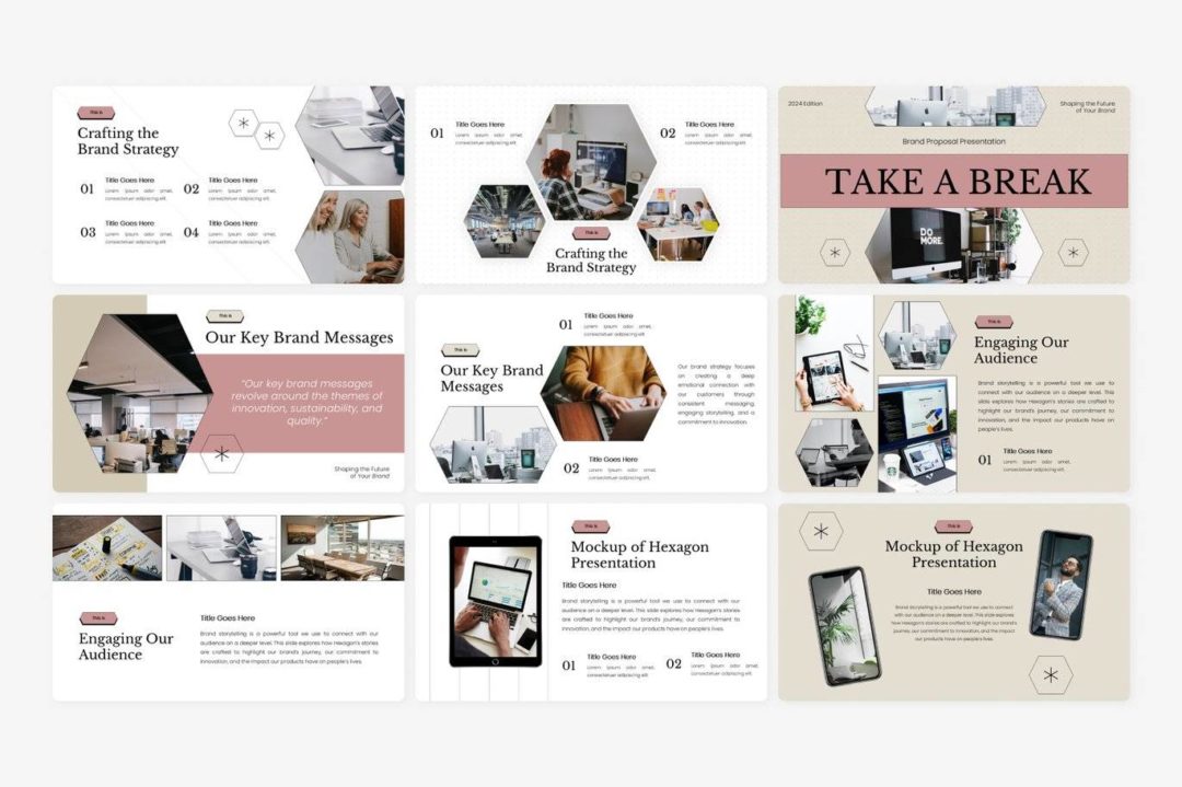 现代简约品牌营销策划提案简报设计ppt模版 Hexagon Brand Proposal Template 幻灯图表 sucaiwan.com