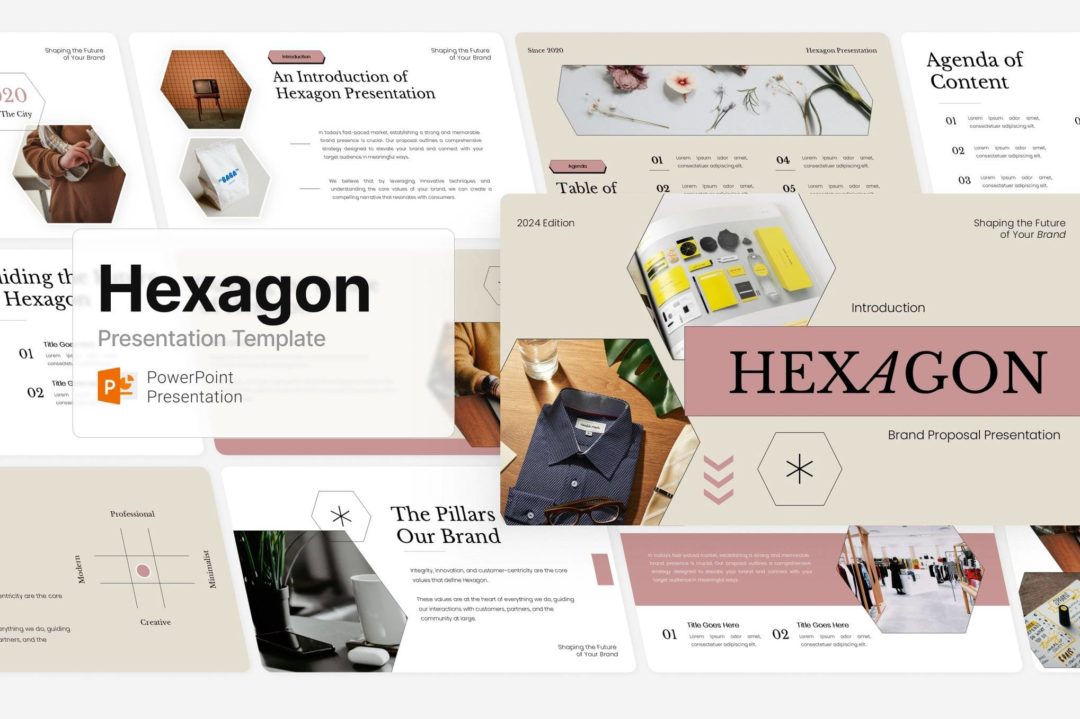 现代简约品牌营销策划提案简报设计ppt模版 Hexagon Brand Proposal Template 幻灯图表 sucaiwan.com