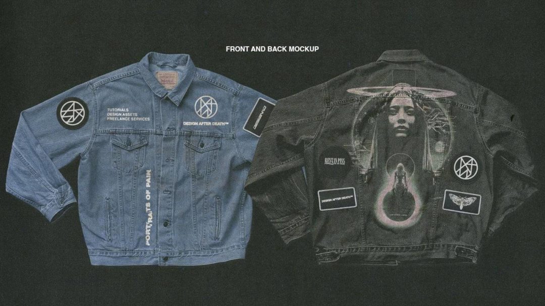 复古嘻哈说唱风牛仔夹克上衣印花图案设计展示效果图PS贴图样机模板(包含设计图案) Vintage Denim Jacket Mock-up 样机素材 sucaiwan.com