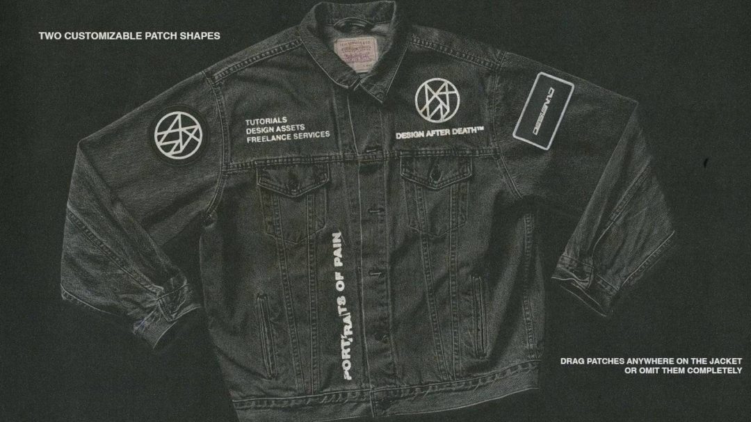 复古嘻哈说唱风牛仔夹克上衣印花图案设计展示效果图PS贴图样机模板(包含设计图案) Vintage Denim Jacket Mock-up 样机素材 sucaiwan.com