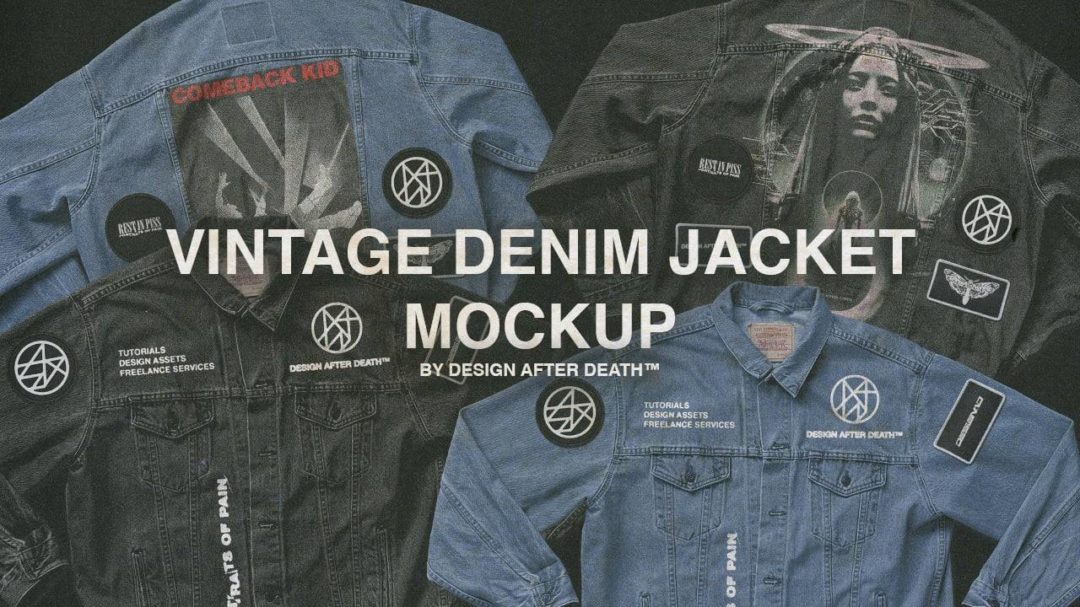 复古嘻哈说唱风牛仔夹克上衣印花图案设计展示效果图PS贴图样机模板(包含设计图案) Vintage Denim Jacket Mock-up 样机素材 sucaiwan.com