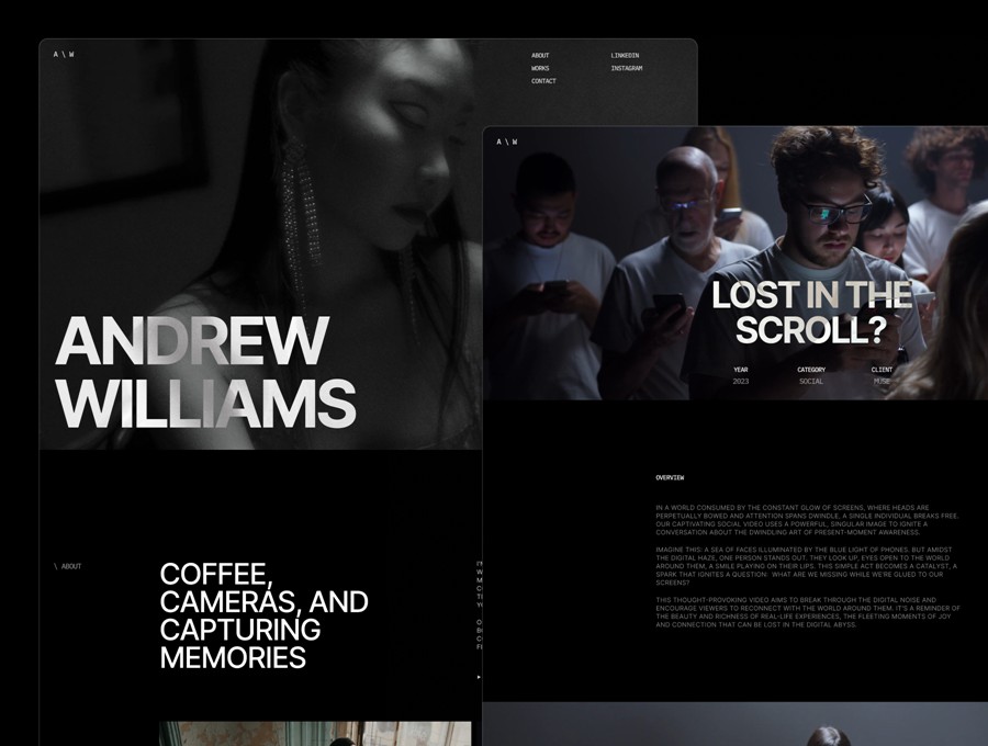 创意黑化风摄影设计作品集展示网站web ui界面设计figma模板素材 Andrew Williams — Videogrpher Portfolio APP UI sucaiwan.com
