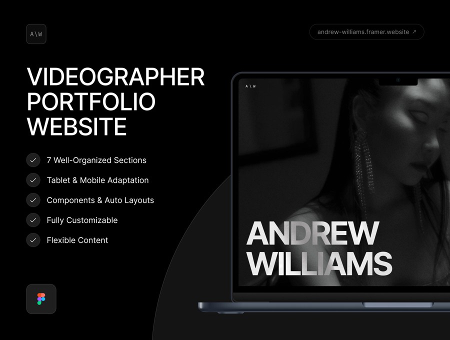 创意黑化风摄影设计作品集展示网站web ui界面设计figma模板素材 Andrew Williams — Videogrpher Portfolio APP UI sucaiwan.com