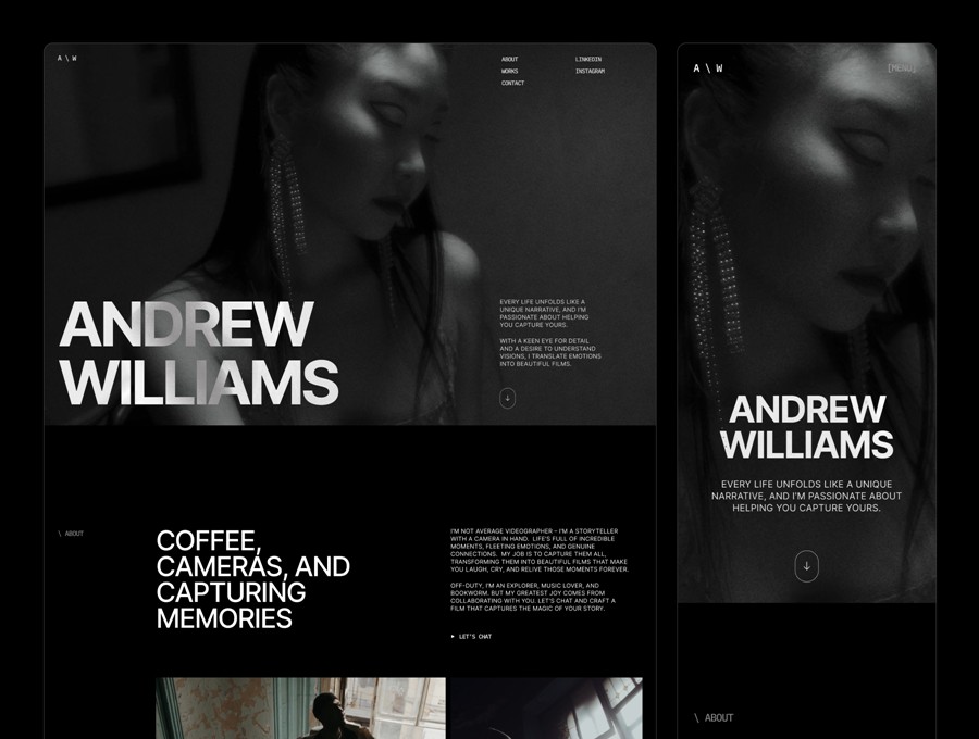 创意黑化风摄影设计作品集展示网站web ui界面设计figma模板素材 Andrew Williams — Videogrpher Portfolio APP UI sucaiwan.com