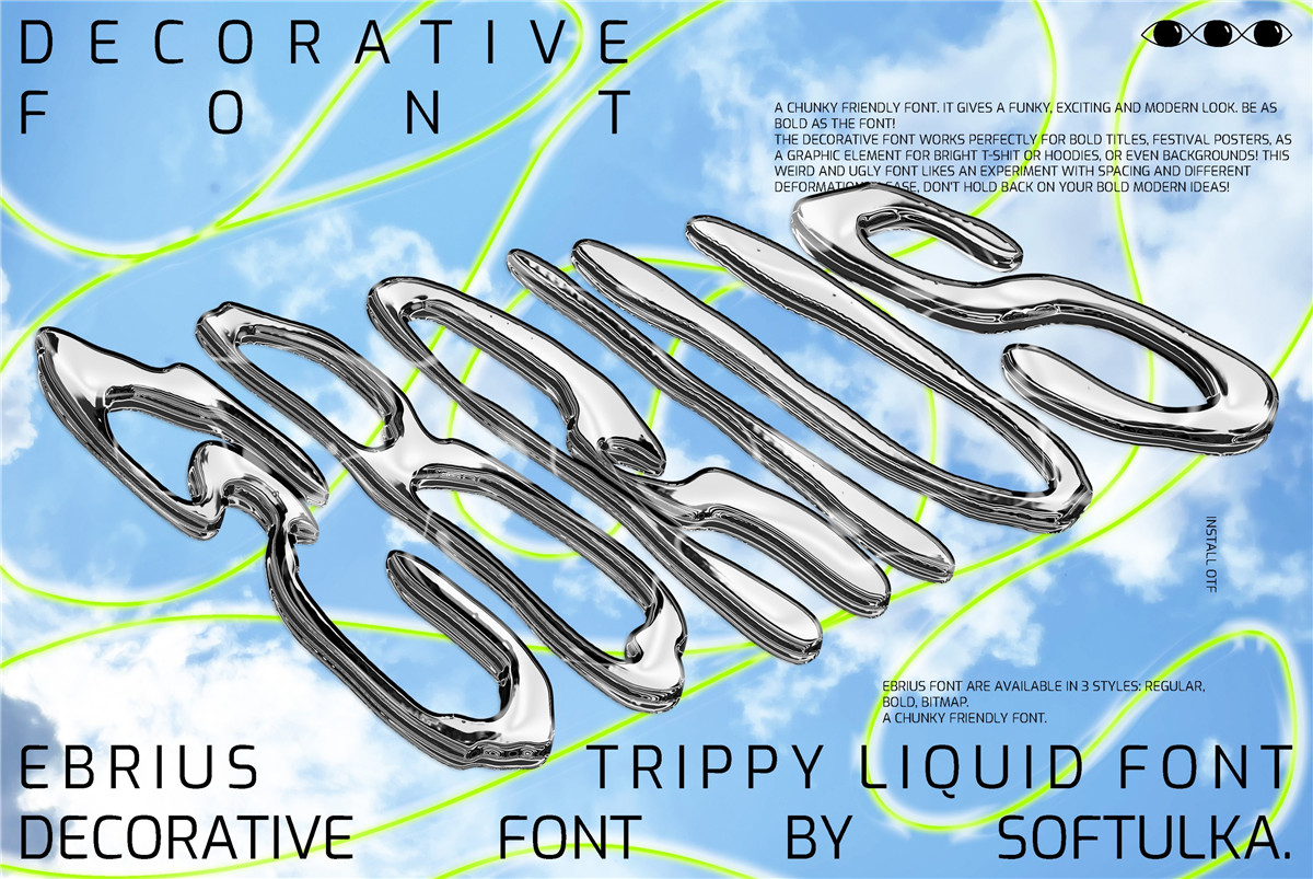 英文字体:复古Y2K迷幻波浪液体扭曲大胆蹩脚趣味手写涂鸦海报封面排版装饰字体 Ebrius Font – Trippy Bitmap Font 设计素材 第1张-素材湾丨精选海外优质设计素材资源 英文字体:复古Y2K迷幻波浪液体扭曲大胆蹩脚趣味手写涂鸦海报封面排版装饰字体 Ebrius Font – Trippy Bitmap Font 设计素材 sucaiwan.com