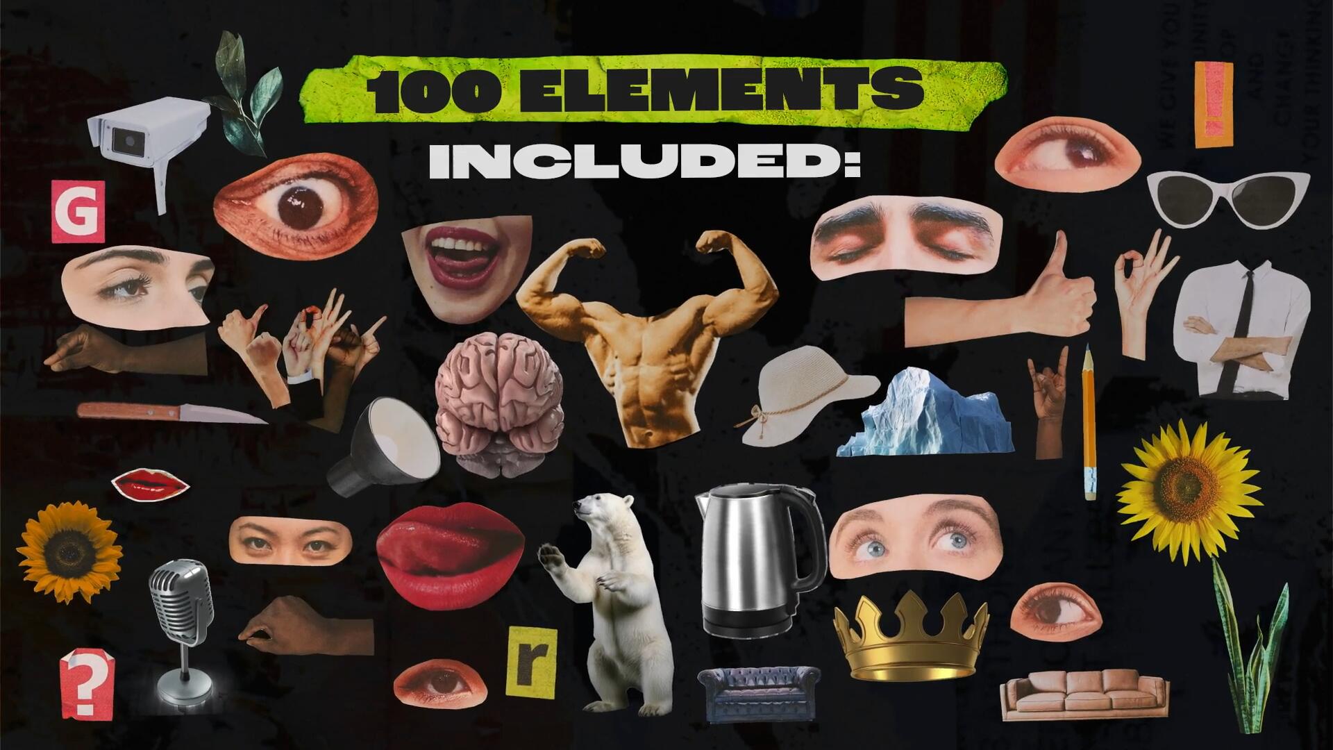 AE模板：100个创意复古剪纸拼贴艺术剪纸做旧动画人物植物交通场景竖屏模板效果包 Mixed Posters and 100 Collage Elements 影视音频 sucaiwan.com