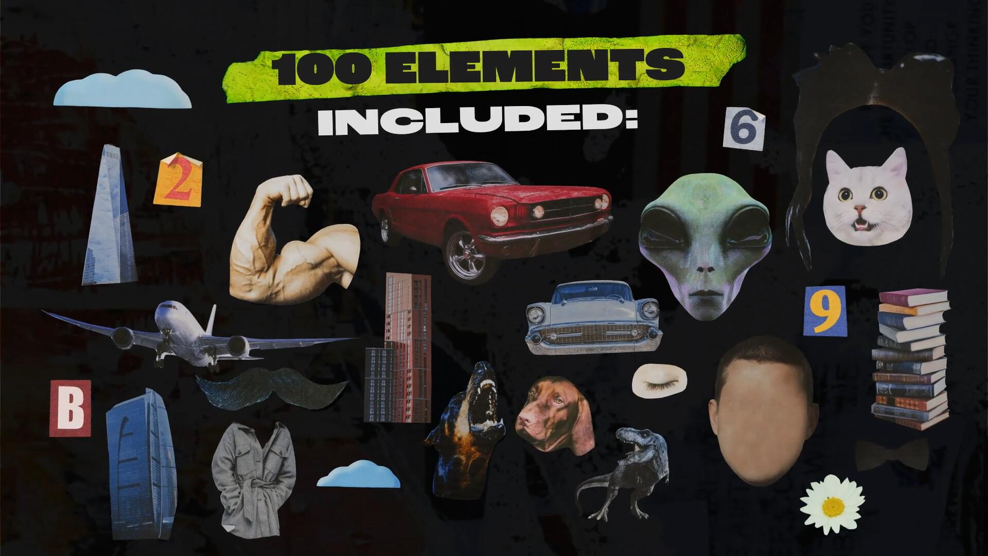 AE模板：100个创意复古剪纸拼贴艺术剪纸做旧动画人物植物交通场景竖屏模板效果包 Mixed Posters and 100 Collage Elements 影视音频 sucaiwan.com