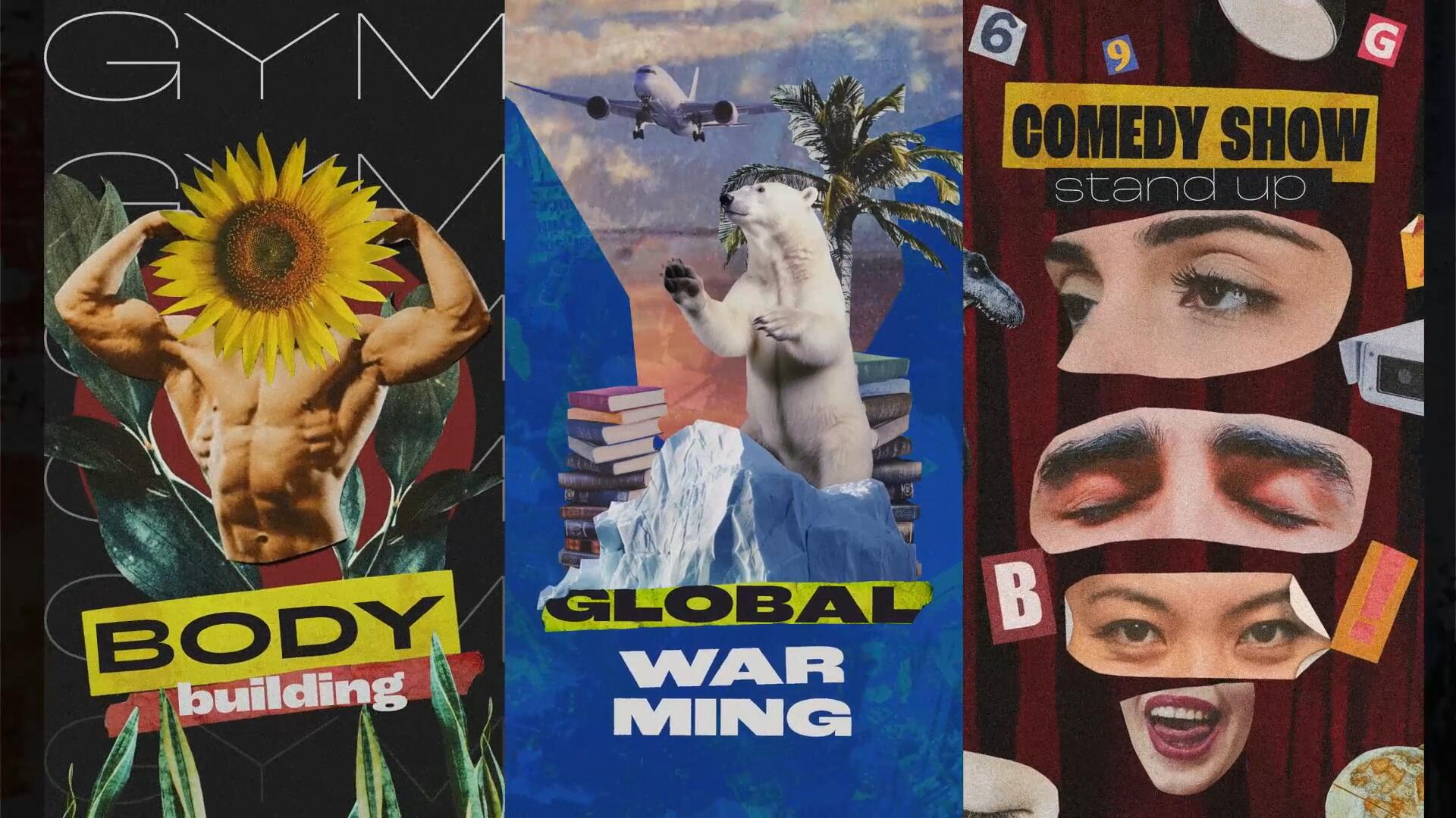 AE模板：100个创意复古剪纸拼贴艺术剪纸做旧动画人物植物交通场景竖屏模板效果包 Mixed Posters and 100 Collage Elements 影视音频 sucaiwan.com