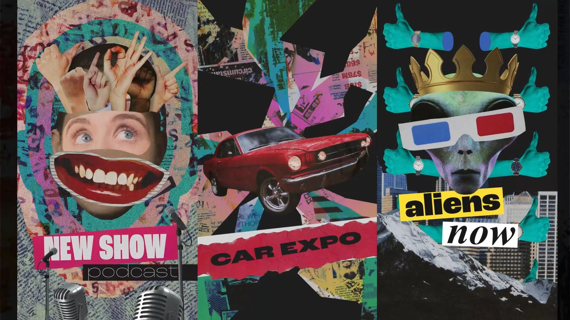 AE模板：100个创意复古剪纸拼贴艺术剪纸做旧动画人物植物交通场景竖屏模板效果包 Mixed Posters and 100 Collage Elements 影视音频 sucaiwan.com