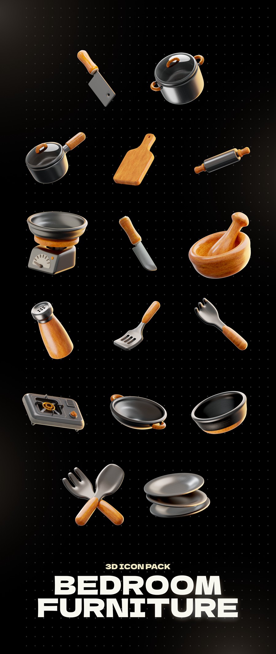 16款专业厨房烹饪刀具工具3D插图图标Icons设计Blender/PNG格式设计素材 Kitchen Tools 3D Icon 图标素材 sucaiwan.com