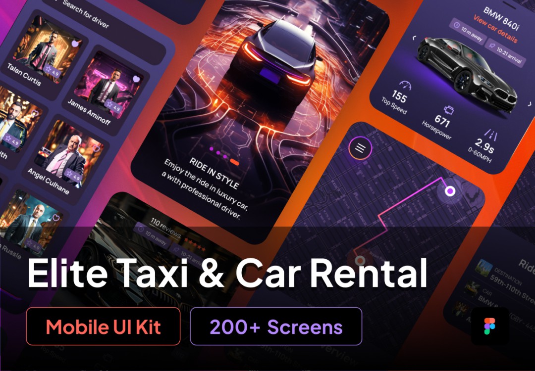 200屏双配色共享汽车租赁出租车预订APP应用程序用户界面设计Figma模板 Elite – Taxi and Car Rental Mobile App APP UI 第1张-素材湾丨精选海外优质设计素材资源 200屏双配色共享汽车租赁出租车预订APP应用程序用户界面设计Figma模板 Elite – Taxi and Car Rental Mobile App APP UI sucaiwan.com
