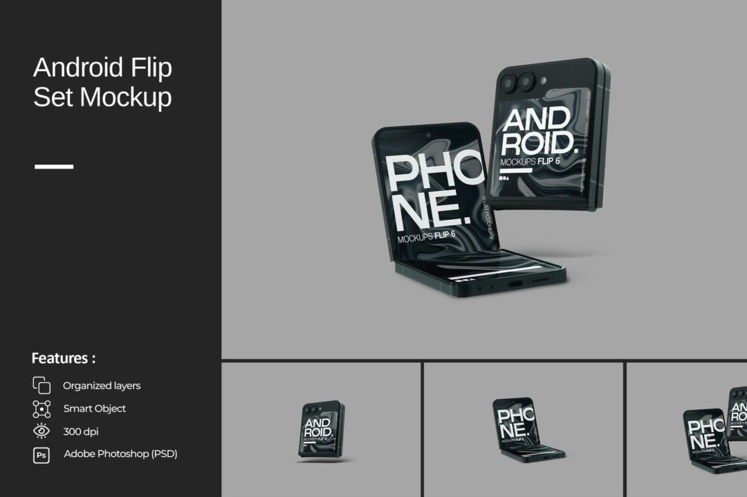 真实安卓折叠Android安卓手机演示效果图PS贴图样机模板素材 Android Flip Set Mockup 样机素材 第1张-素材湾丨精选海外优质设计素材资源 真实安卓折叠Android安卓手机演示效果图PS贴图样机模板素材 Android Flip Set Mockup 样机素材 sucaiwan.com