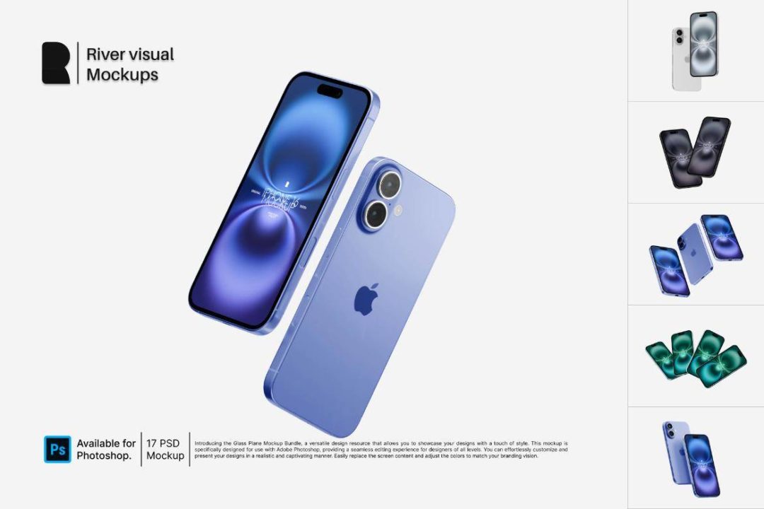 17款全新时尚苹果iPhone 16苹果手机APP界面设计展示效果图PS贴图样机模板 iPhone 16 Bundle Mockup 样机素材 sucaiwan.com